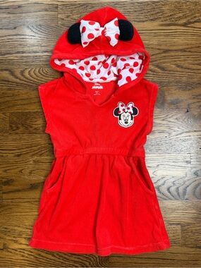 Disney Junior Girls Minnie Mouse Red White Polka Dot Hooded Terry Swim Cover 2T